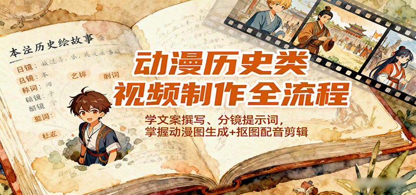 动漫历史类视频制作全流程,学文案撰写、分镜提示词,掌握动漫图生成+抠图配音剪辑-爱搞米