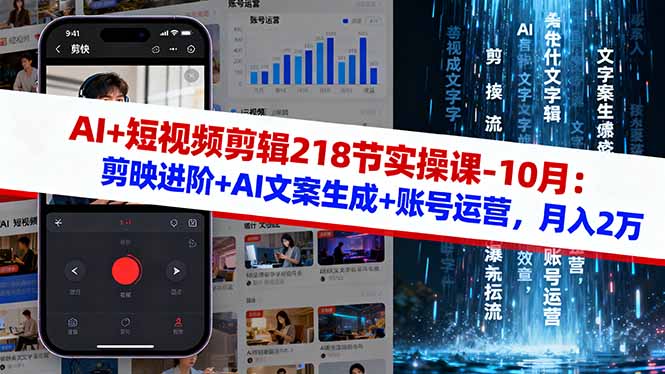 AI+短视频剪辑218节实操课-10月:剪映进阶+AI文案生成+账号运营,月入2万-爱搞米