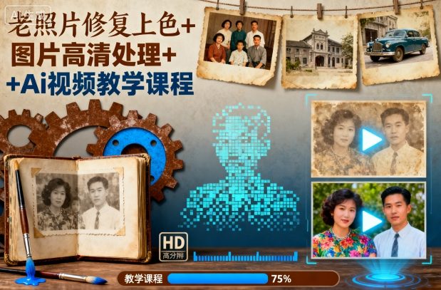 老照片修复上色+图片高清处理+Ai视频教学课程-爱搞米