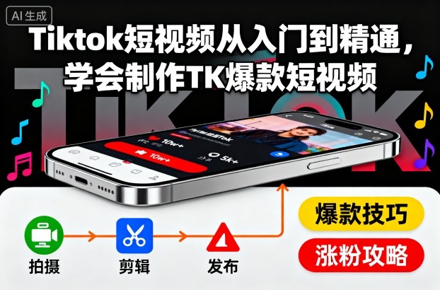 Tiktok短视频从入门到精通,学会制作TK爆款短视频-爱搞米