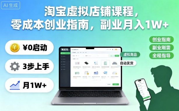 淘宝虚拟店铺课程，零成本创业指南，副业月入1W+-爱搞米