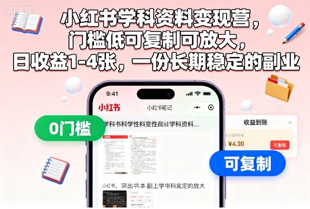 小红书学科资料变现营,门槛低可复制可放大,日收益1-4张,一份长期稳定的副业-爱搞米