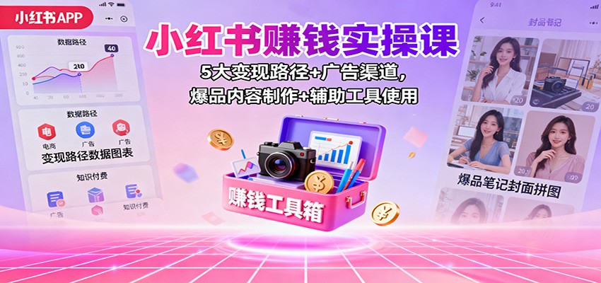 小红书赚钱实操课：5大变现路径+广告渠道，爆品内容制作+辅助工具使用-爱搞米