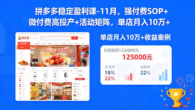 拼多多稳定盈利课-11月,强付费SOP+微付费高投产+活动矩阵,单店月入10w+-爱搞米